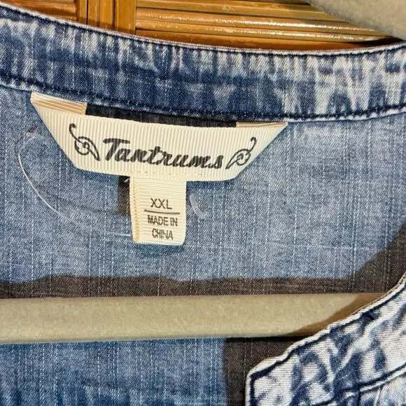 Tantrums Chambray Smocked Bib Blouse Roll Tab Sleeves XXL boho western classic - Picture 3 of 8